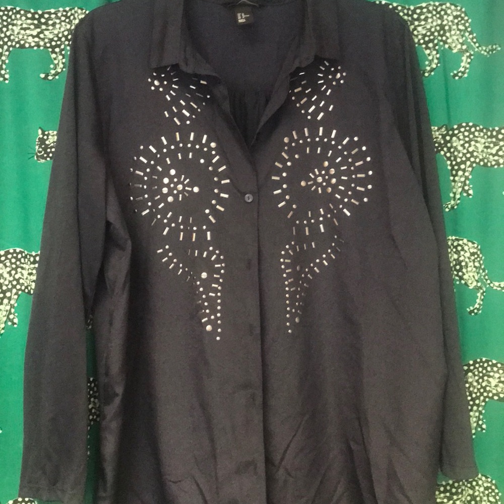 H&M navy blouse with embellished front M